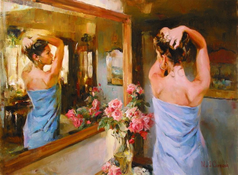 У зеркала - отражение, зеркало, девушка - оригинал