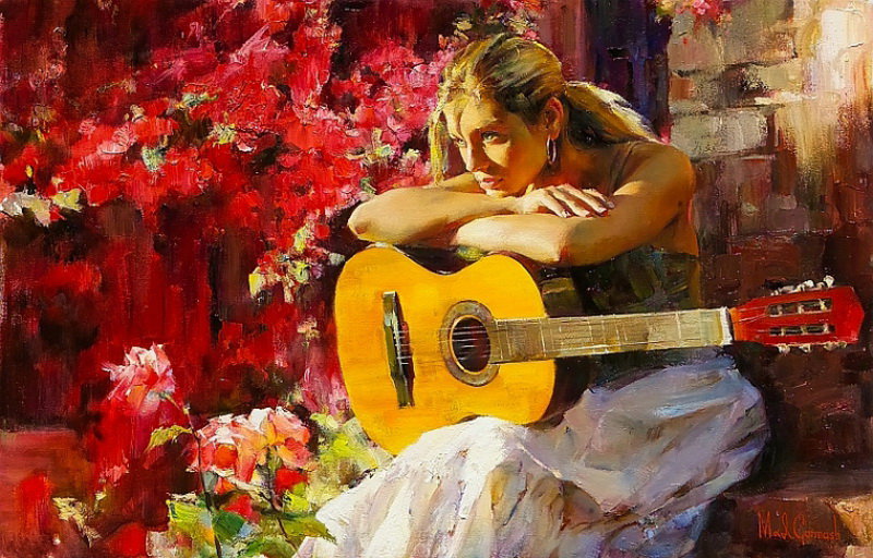 Картина - девушка, гитара - оригинал