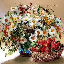 Букет полевых цветов и клубника