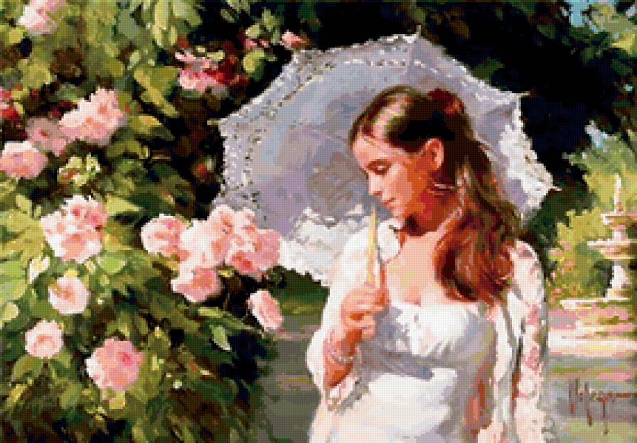 Девушка с зонтом - зонт, портрет, розы, цветы, девушка, природа - предпросмотр