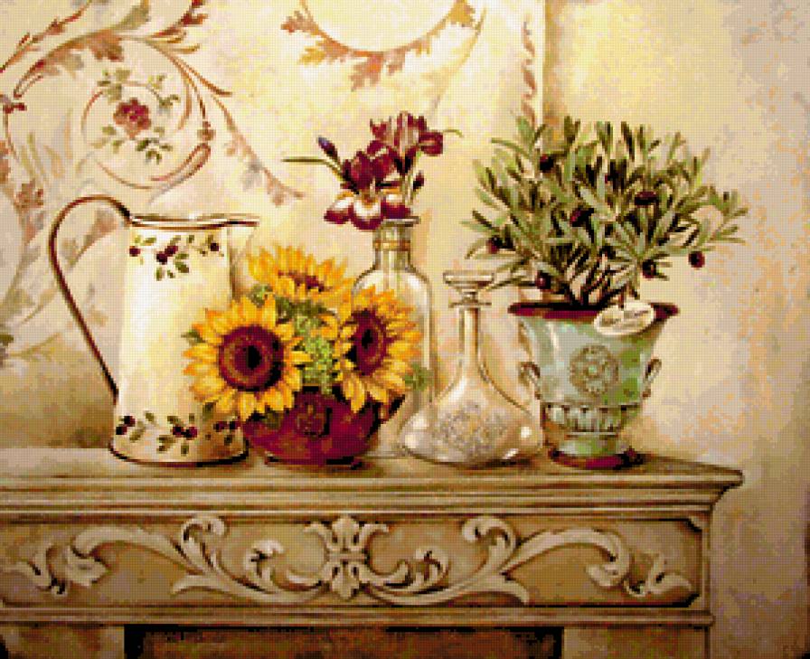 Оливковое деревце и подсолнухи. - цветы., натюрморт, подсолнухи, оливковое дерево - предпросмотр