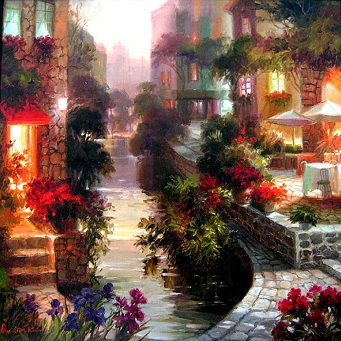 Вечерний городок. - город, городской пейзаж, цветы, вечер - оригинал