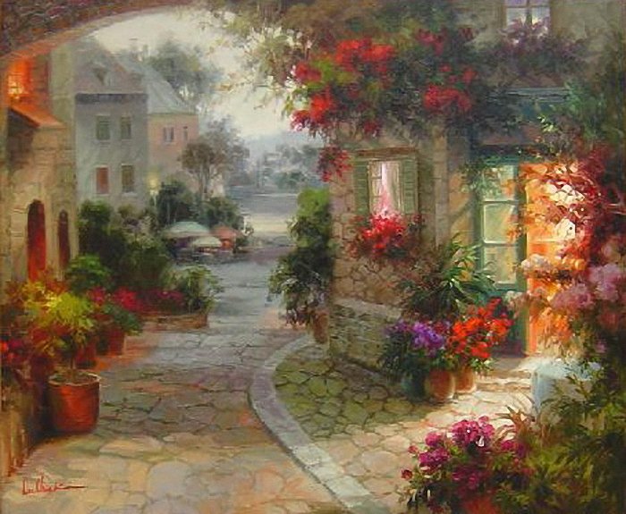 Вечерние улочки. - цветы, пейзаж, город, городской пейзаж - оригинал