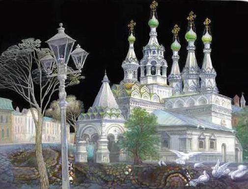Белая церковь на чёрном - живопись, картина, купола, храм, небо, собор, церковь, религия - оригинал