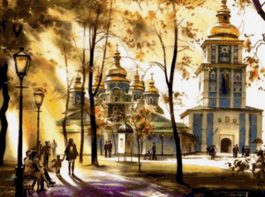 В осеннем парке у собора - небо, собор, купола, картина, живопись, парк, храм, церковь - предпросмотр