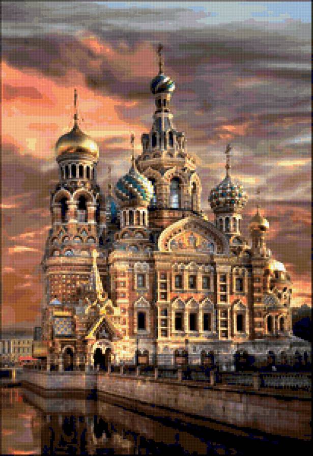 Собор на набережной - купола, парк, живопись, картина, храм, церковь, собор, небо - предпросмотр