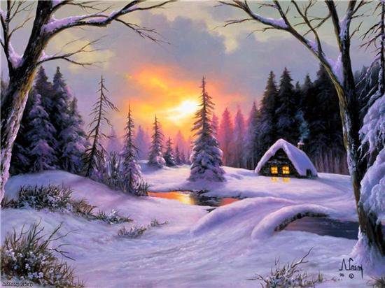 Зима - зима, утро, пейзаж, домик, картина, лес, снег, природа - оригинал