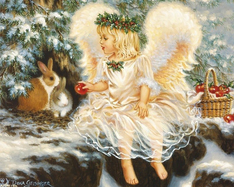 С ПРАЗДНИКОМ! - лес, зайчик, ангел, праздники, зима, яблоко, рождество - оригинал