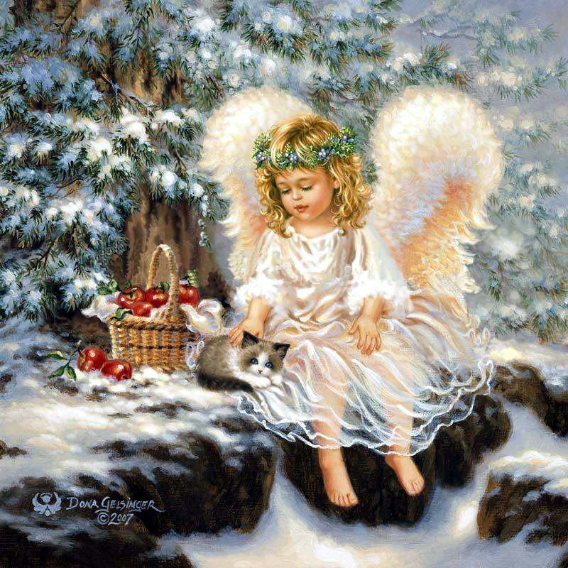 АНГЕЛОЧЕК С КОШКОЙ - ангел, праздники, лес, елка, кошка, новый год, зима, рождество - оригинал