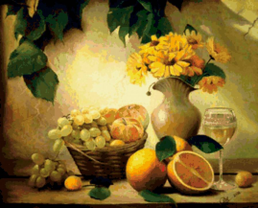 028 - натюрморт, фрукты, цветы - предпросмотр