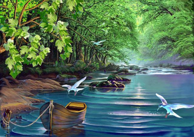 пейзаж - картина, река, лес, природа, парк, живопись.птицы.лодка, пейзаж - оригинал