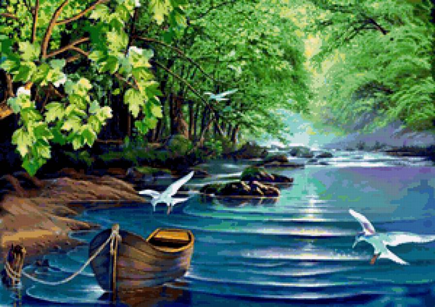 пейзаж - пейзаж, живопись.птицы.лодка, картина, лес, природа, река, парк - предпросмотр