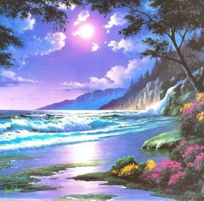 остров - пейзаж, море, природа, картина.ноч.цветы, вода - оригинал