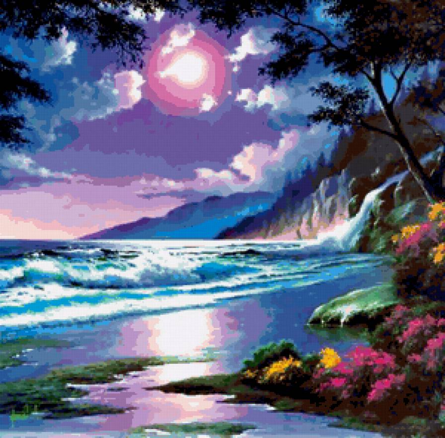 остров - море, пейзаж, природа, картина.ноч.цветы, вода - предпросмотр