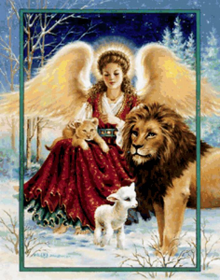 Ангел и лев - новый год, праздники, ангел, зима, рождество, лес, лев - предпросмотр