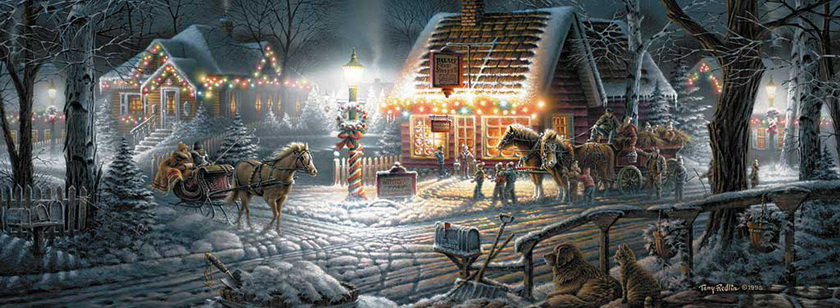 №229921 - картина, дом, зима, лошади, ночь - оригинал