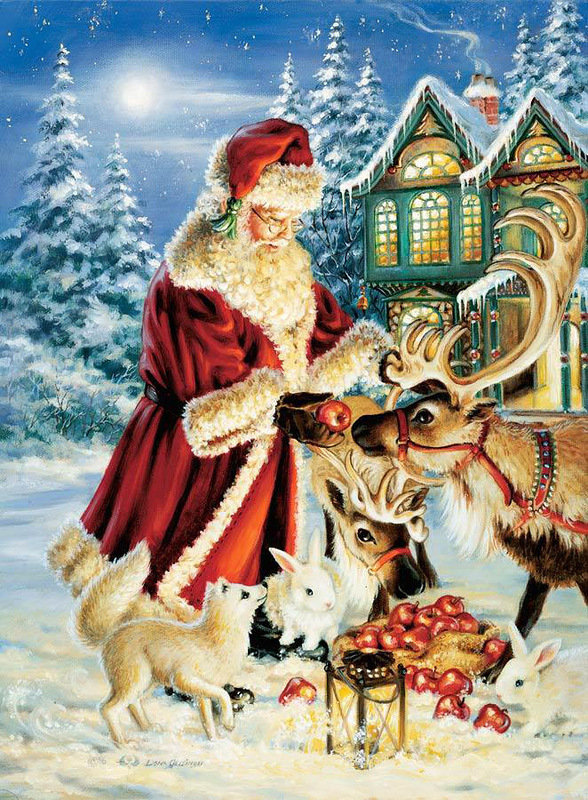 угощает Дед Мороз - яблоко, олень, новый год, праздник, зайчик - оригинал