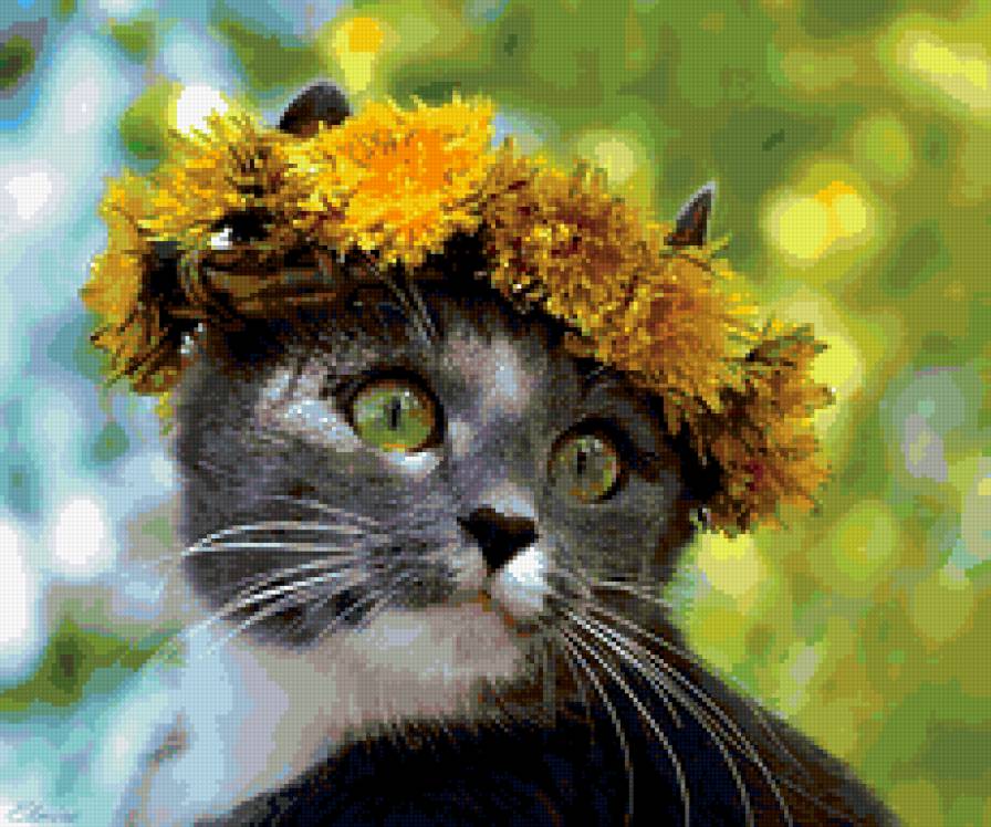 031 - одуванчики, кошка, венок - предпросмотр