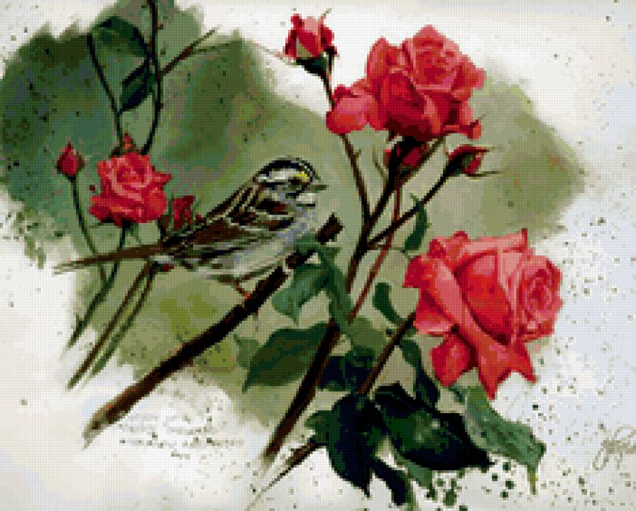 натюрморт - цветы, букет, птичка, розы - предпросмотр