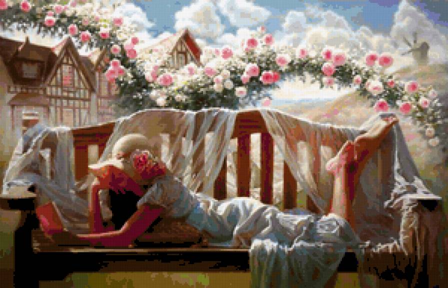 отдых - книга, лавочка, девушка, сад - предпросмотр