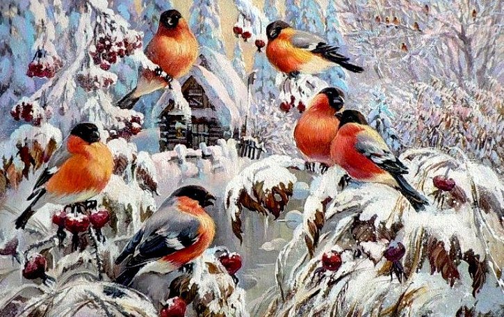 Птичий хор на ветке - домик, зима, новый год, сказка, снигери, птица, снег - оригинал
