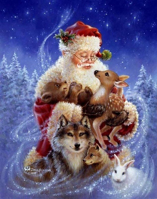 Дед Мороз и лесные звери - олень, зима, сказка, новый год, зайчик, мишка, волк - оригинал