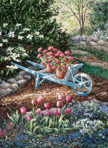 Весенний сад - цветы, сад, тележка - оригинал