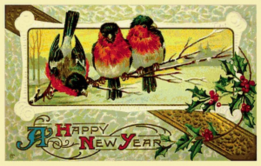 С Новым Годом! - птицы, новый год, ретро-открытка, зима - предпросмотр