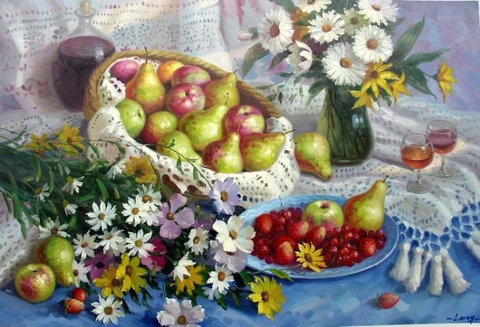 Цветочно-фруктовый натюрморт - ваза, цветы, фрукты, натюрморт - оригинал