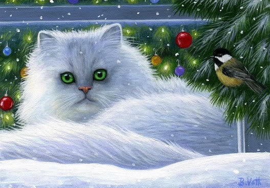 ПУШИСТЫЙ КОТ И СНЕГ - кошка, времена года, зима, елка, снег, животные - оригинал