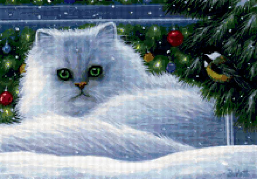 ПУШИСТЫЙ КОТ И СНЕГ - кошка, животные, снег, елка, зима, времена года - предпросмотр