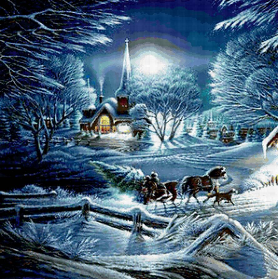 зима - пезаж, картина, зима, новый год, кони, времена года - предпросмотр