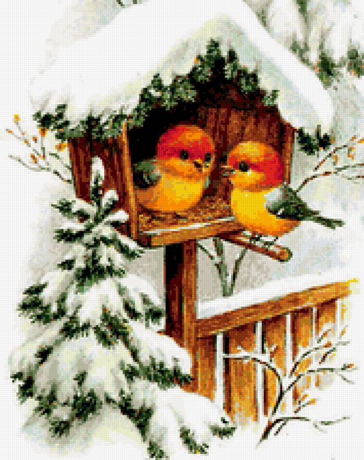 ласковая парочка - домик, пара, птички, зима, времена года - предпросмотр