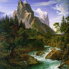 Оригинал схемы вышивки «Пейзаж, лес, река, горы» (№231705)