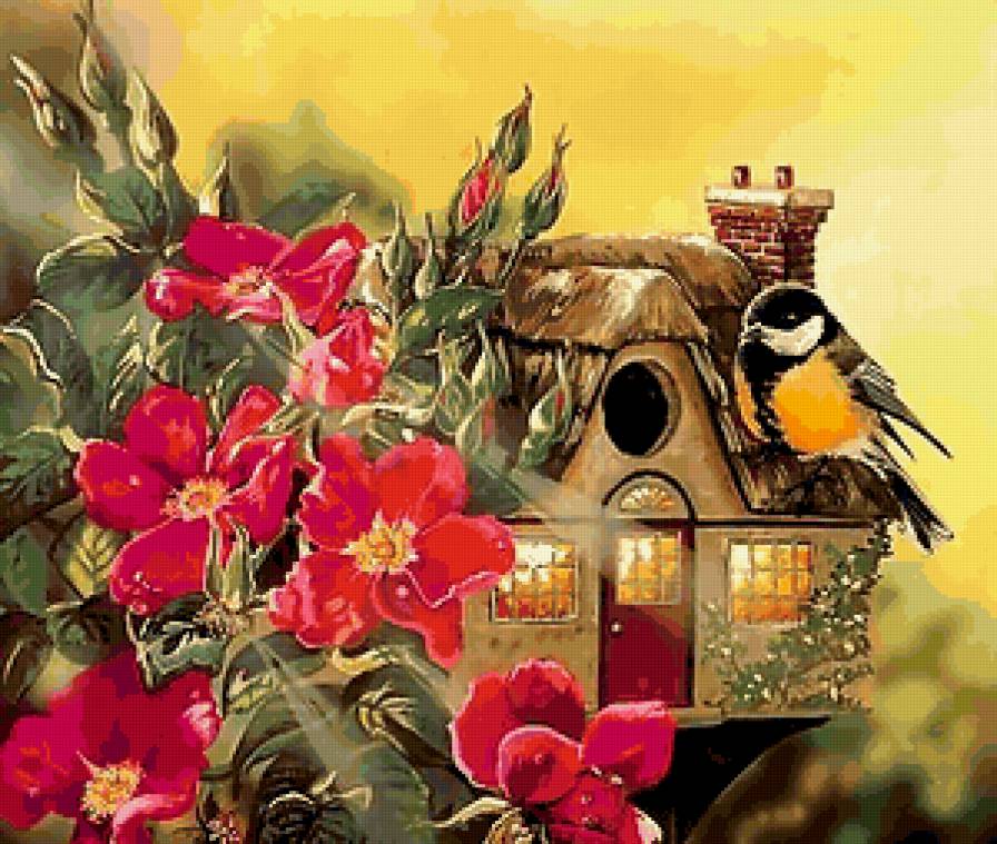 №232091 - птицы, букет, цветы - предпросмотр