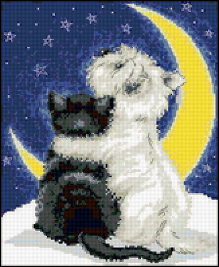 счастливы вместе1 - собака, звезды, луна, объятия, кошка - предпросмотр