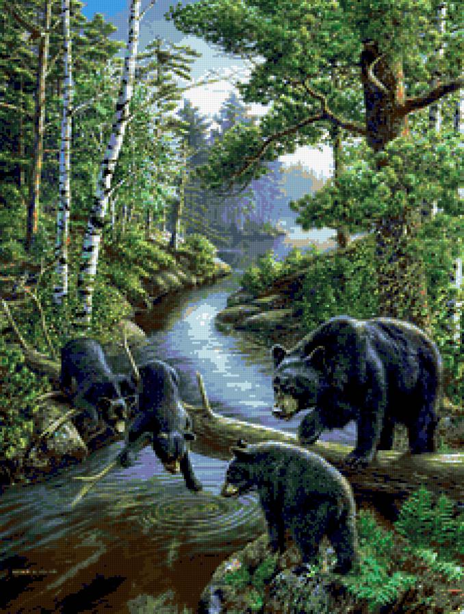 №232268 - пейзаж, картина, животные, река, мишки, природа - предпросмотр