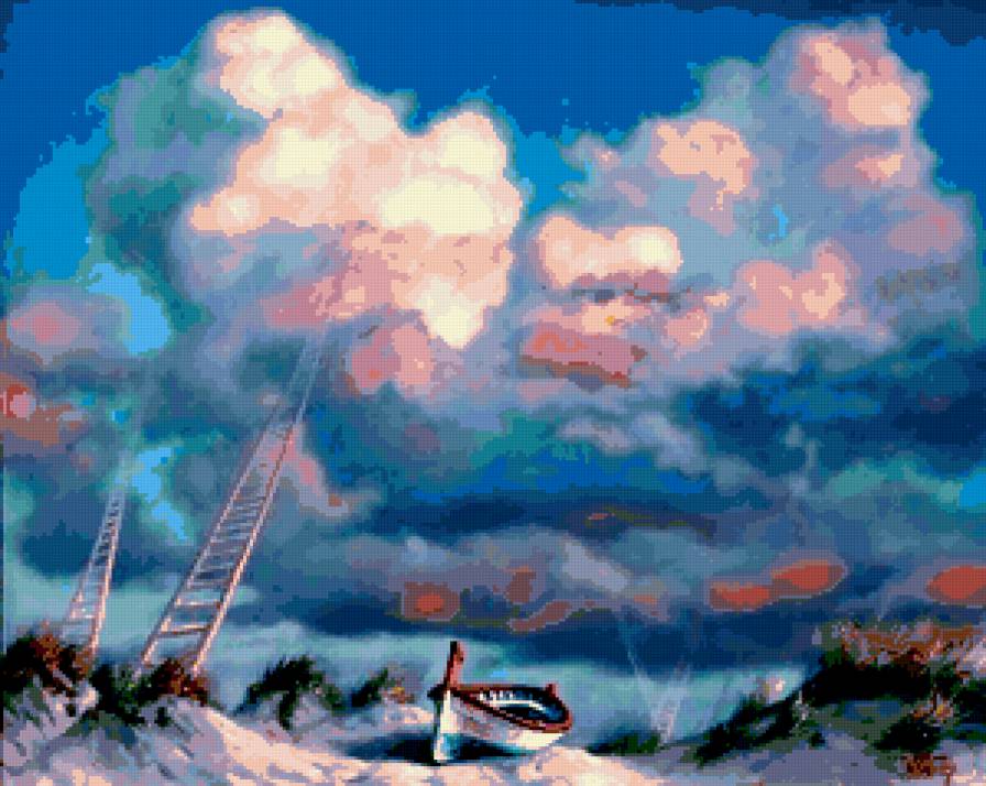 пейзаж - облака, лодка, море, картина, живопись - предпросмотр