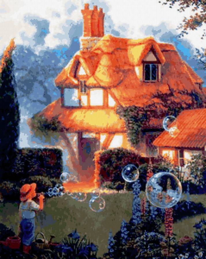 картина - живопись, домик, лето, сад, фантазия, утро - предпросмотр