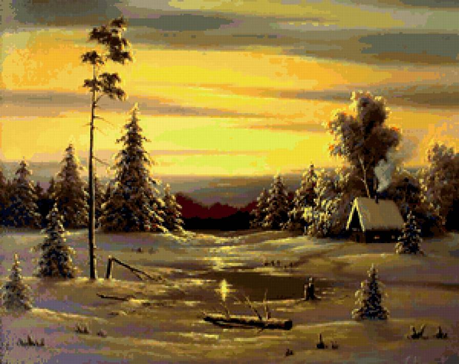 На зимней опушке - ейзаж, зима, снег, домик, лес - предпросмотр