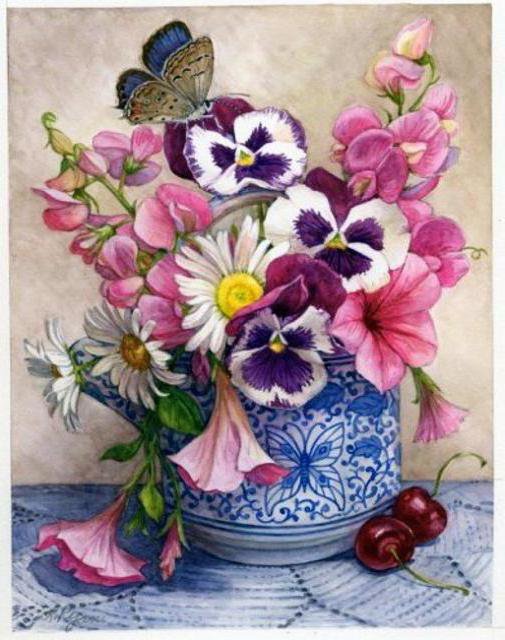 Цветы и бабочки   анютины глазки - живопись, анютки, натюрморт, ромашки, бабочки, цветы, цветок - оригинал