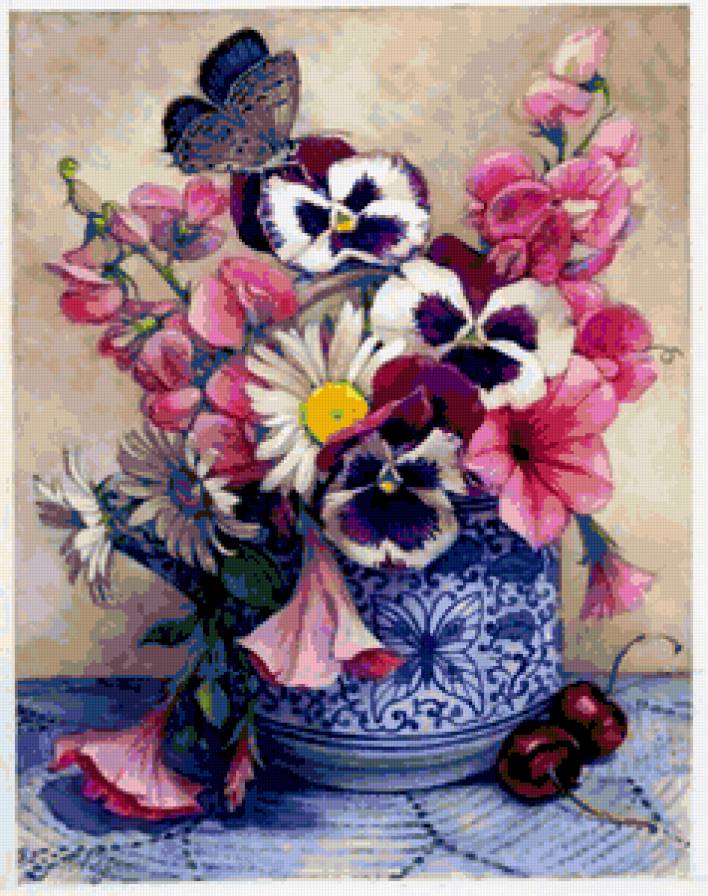 Цветы и бабочки   анютины глазки - ромашки, цветок, цветы, натюрморт, анютки, бабочки, живопись - предпросмотр