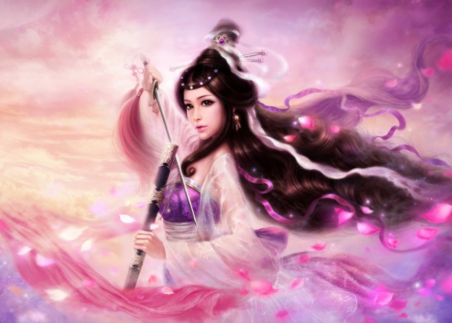 Zhouzhiruo - меч, люди, лепестки, фентези, волшебство, япония, девушка - оригинал
