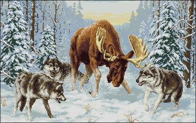 ЗИМНИЙ ЛЕС - животные, времена года, хищники, зима, волки, снег, лес, лось - оригинал