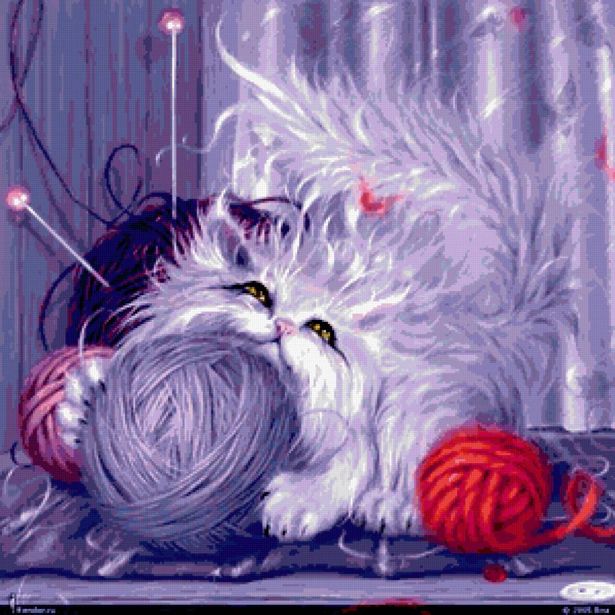 кошка с клубками - кошка, подушка - предпросмотр