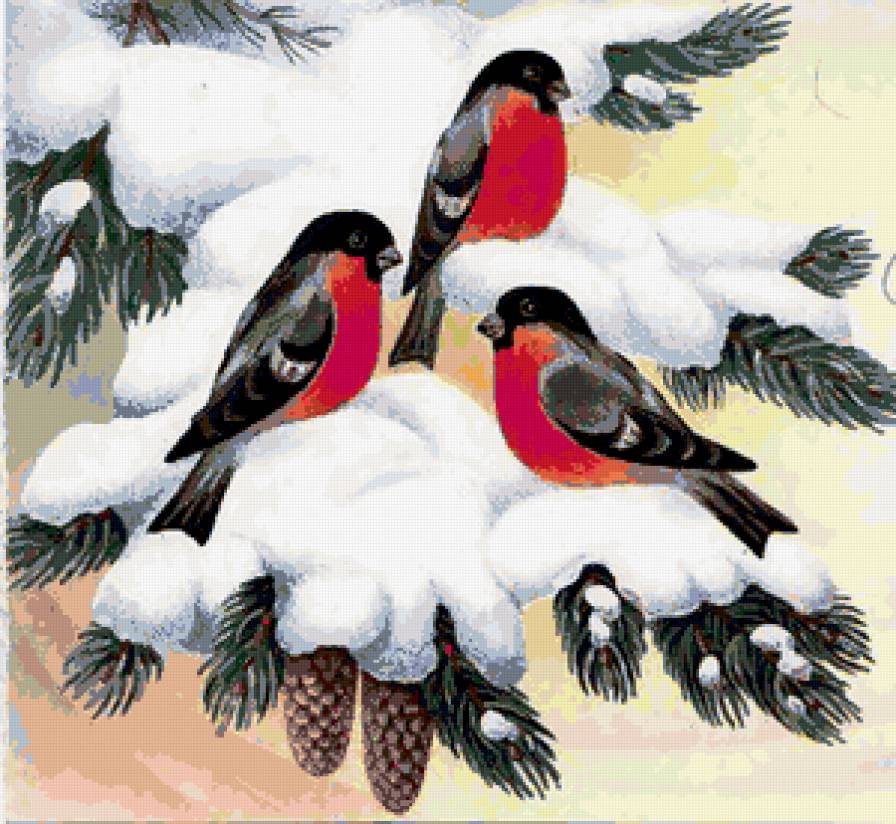 ТРИО СНЕГИРИ - ветк, птицы, снегирь, времена года, зима, сосна - предпросмотр