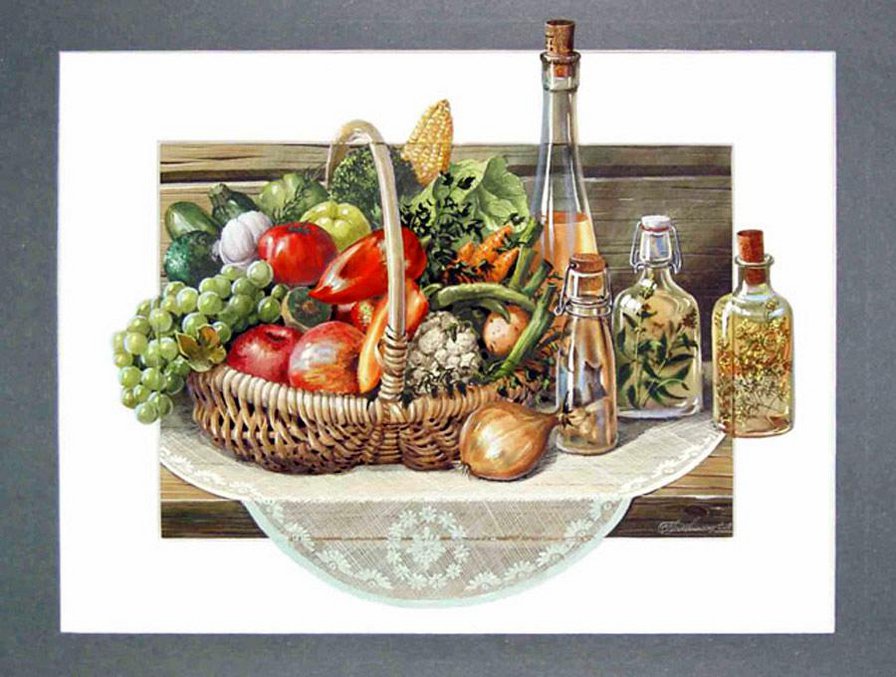 Натюрморт с овощами и фруктами - приправы, овощи, корзина - оригинал