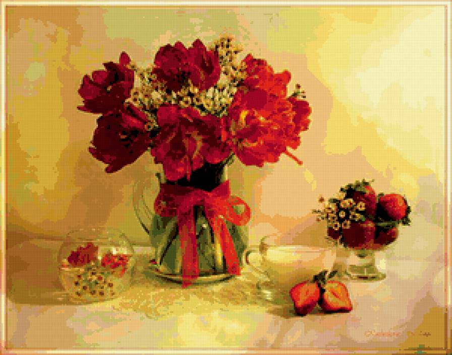 натюрморт - клубника, цветы, букет, тюльпаны, ягоды, натюрморт - предпросмотр