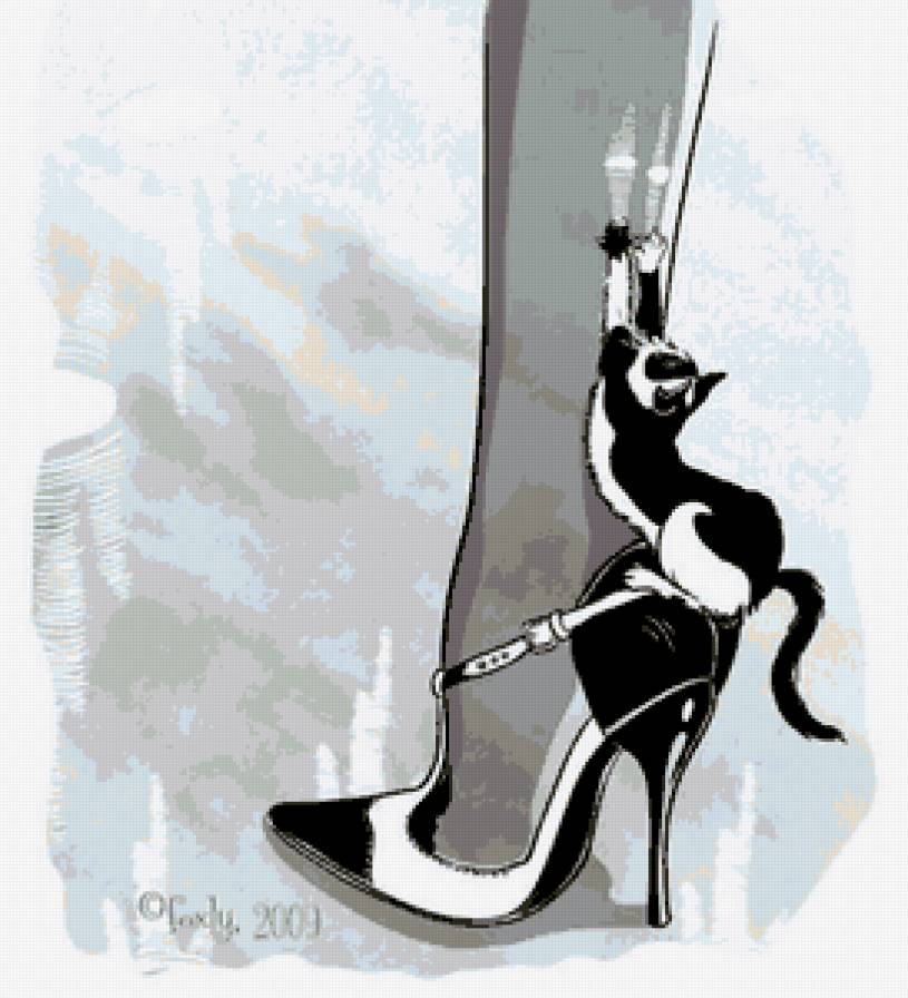 туфелька - кот, кошка, черно-белое, обувь, туфелька, нога, монохром, котенок - предпросмотр