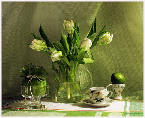 зеленый натюрморт - цветы, букет, зелень, натюрморт, тюльпаны - оригинал